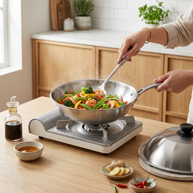 Le Ishizuchi Edelstahl-Wok mit Deckel auf Induktionsfeld im Einsatz