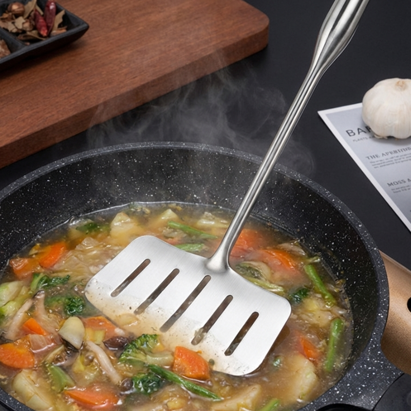 Le Mishio Metal Wok Spatula aus Edelstahl mit Wok als komplettes Set
