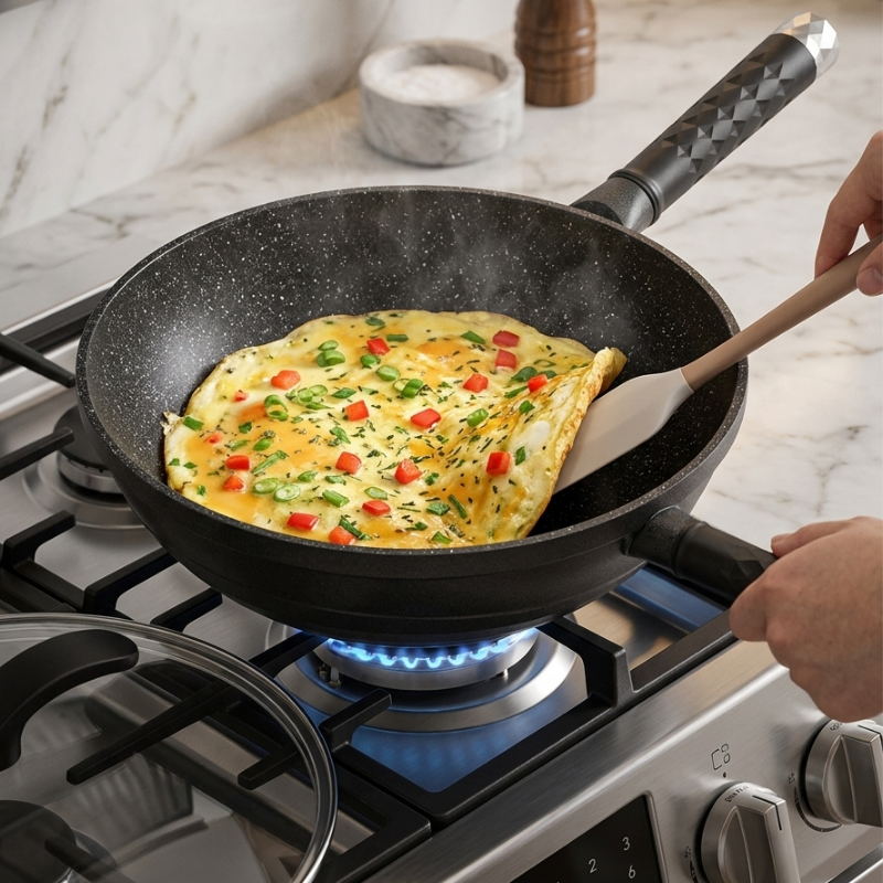 Le Takino Wok Nahaufnahme des ergonomischen Edelstahlgriffs