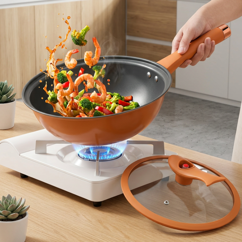 Le Mitano Aluminium Wok Induktion beim Pfannenrühren von Hähnchen