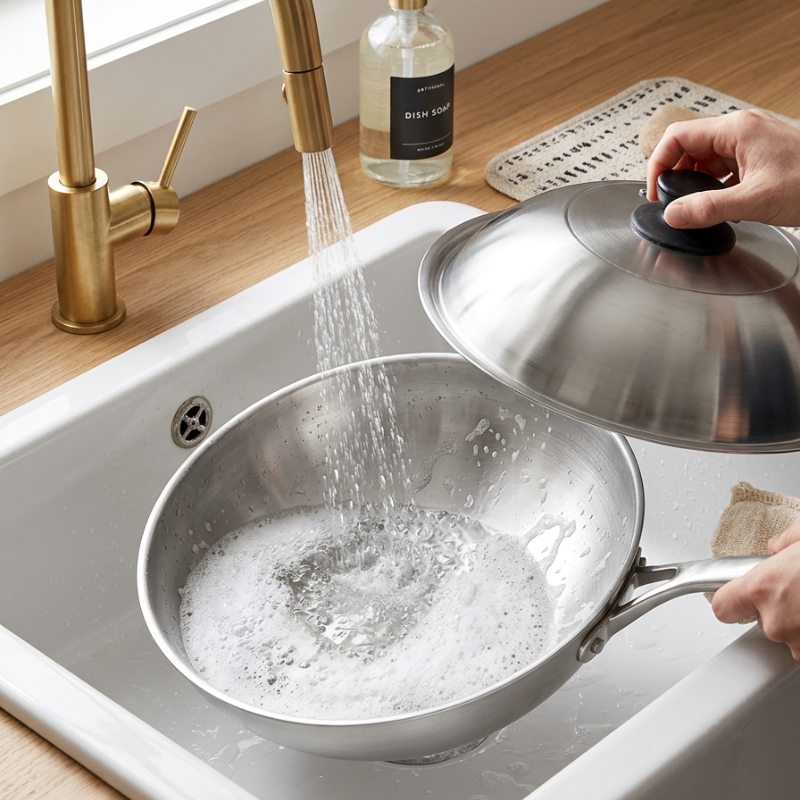 Le Ishizuchi Edelstahl-Wok mit Deckel in heller Küchenatmosphäre fotografiert