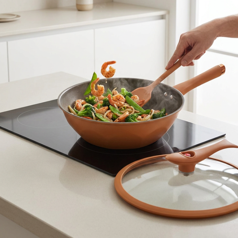 Le Mitano Aluminium Wok Induktion seitliche Ansicht mit flachem Boden