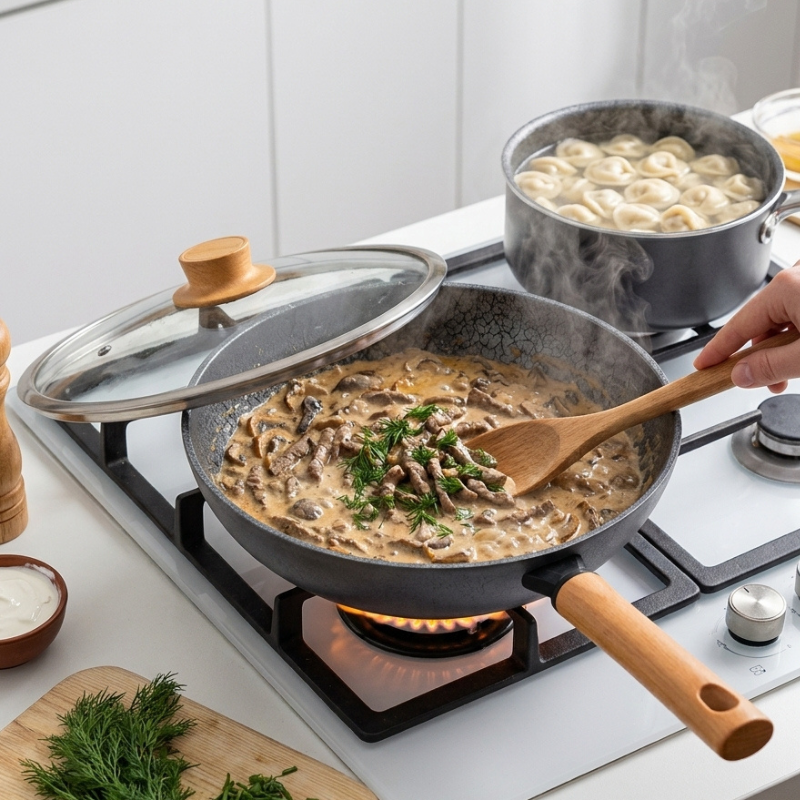 Le Kuroha Eisen Wok Pfanne aus Gusseisen von oben fotografiert