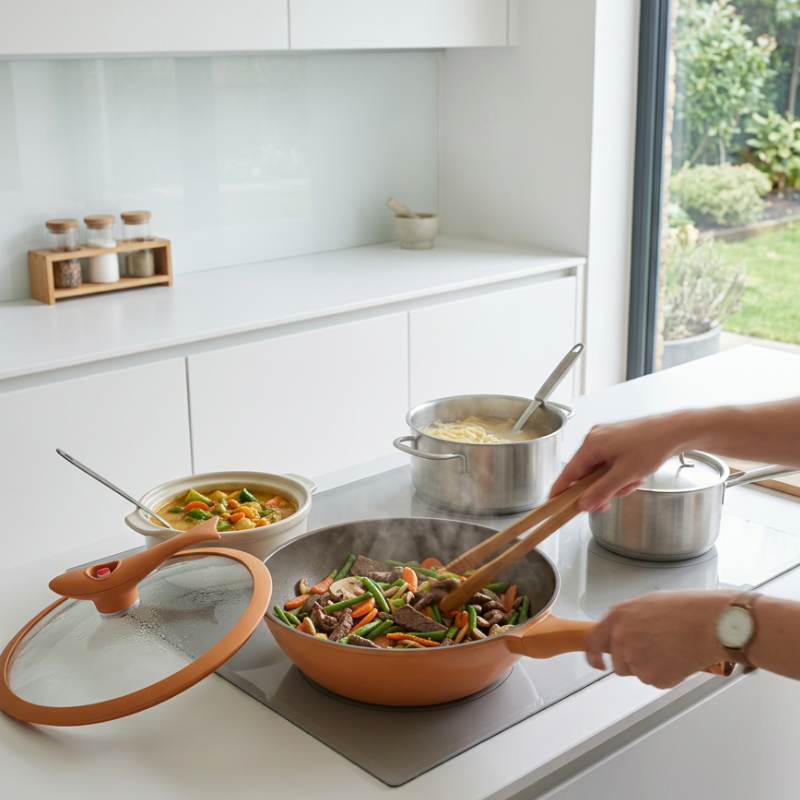 Le Mitano Aluminium Wok Induktion auf Glaskeramikfeld mit Dampf