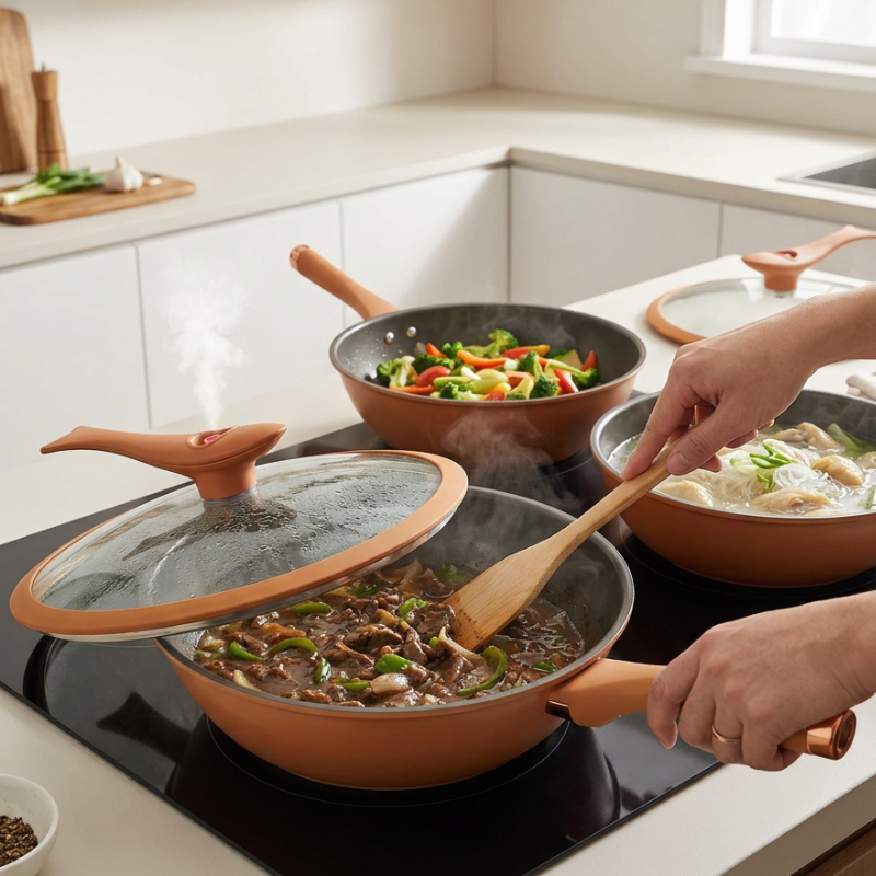 Le Mitano Aluminium Wok Induktion mit Glasdeckel auf Arbeitsplatte