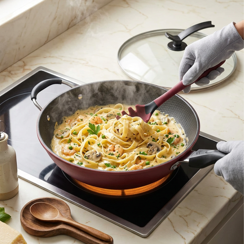Le Korami Wok mit Wabenbeschichtung in eleganter Produktverpackung