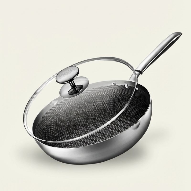 Le Iwate Antihaft Edelstahl-Wok 30 cm in produktneutraler Vorderansicht