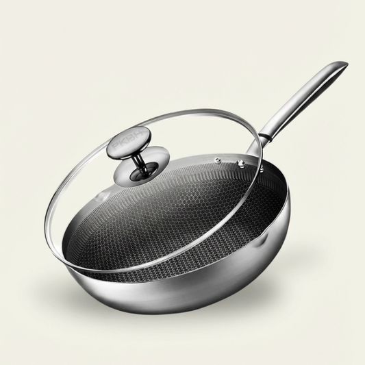 Le Iwate Antihaft Edelstahl-Wok 30 cm in produktneutraler Vorderansicht