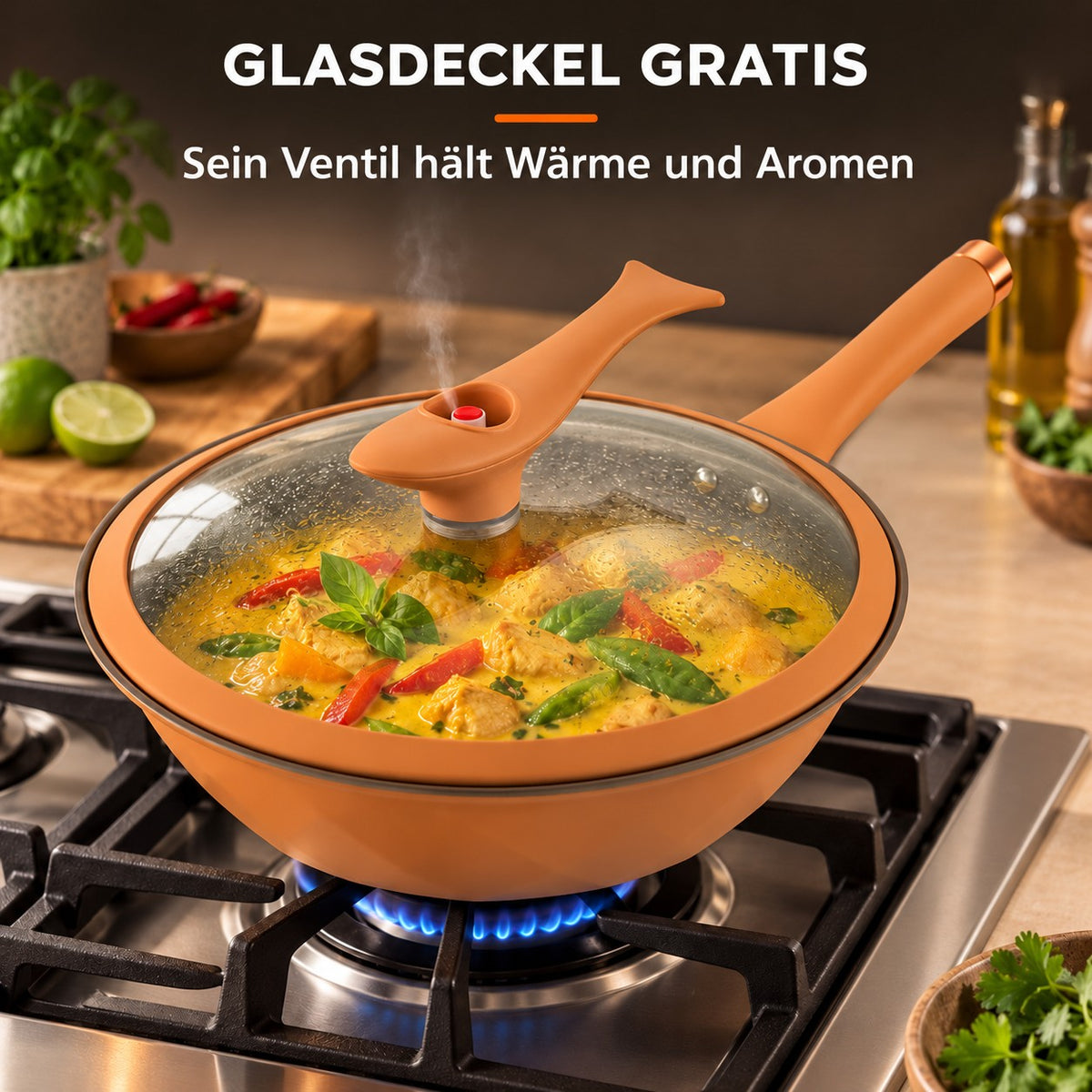 Le Ibuki – Aluminium Wok Induktion, GLASDECKEL GRATIS: Sein Ventil hält Wärme und Aromen
