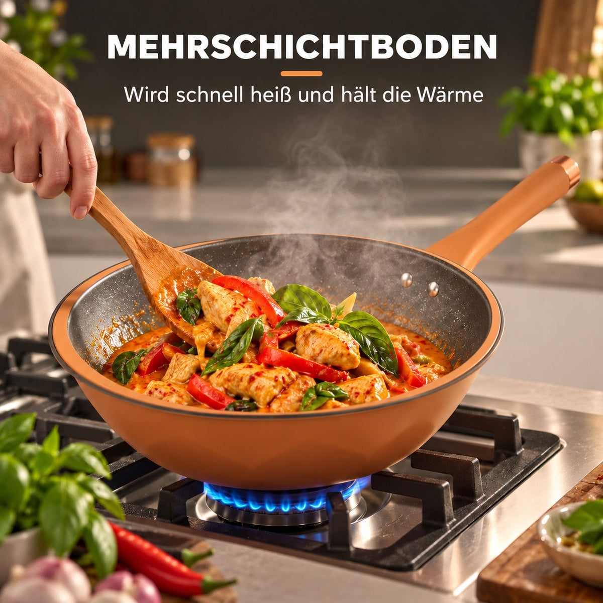Le Ibuki – Aluminium Wok Induktion, MEHRSCHICHTBODEN: Wird schnell heiß und hält die Wärme