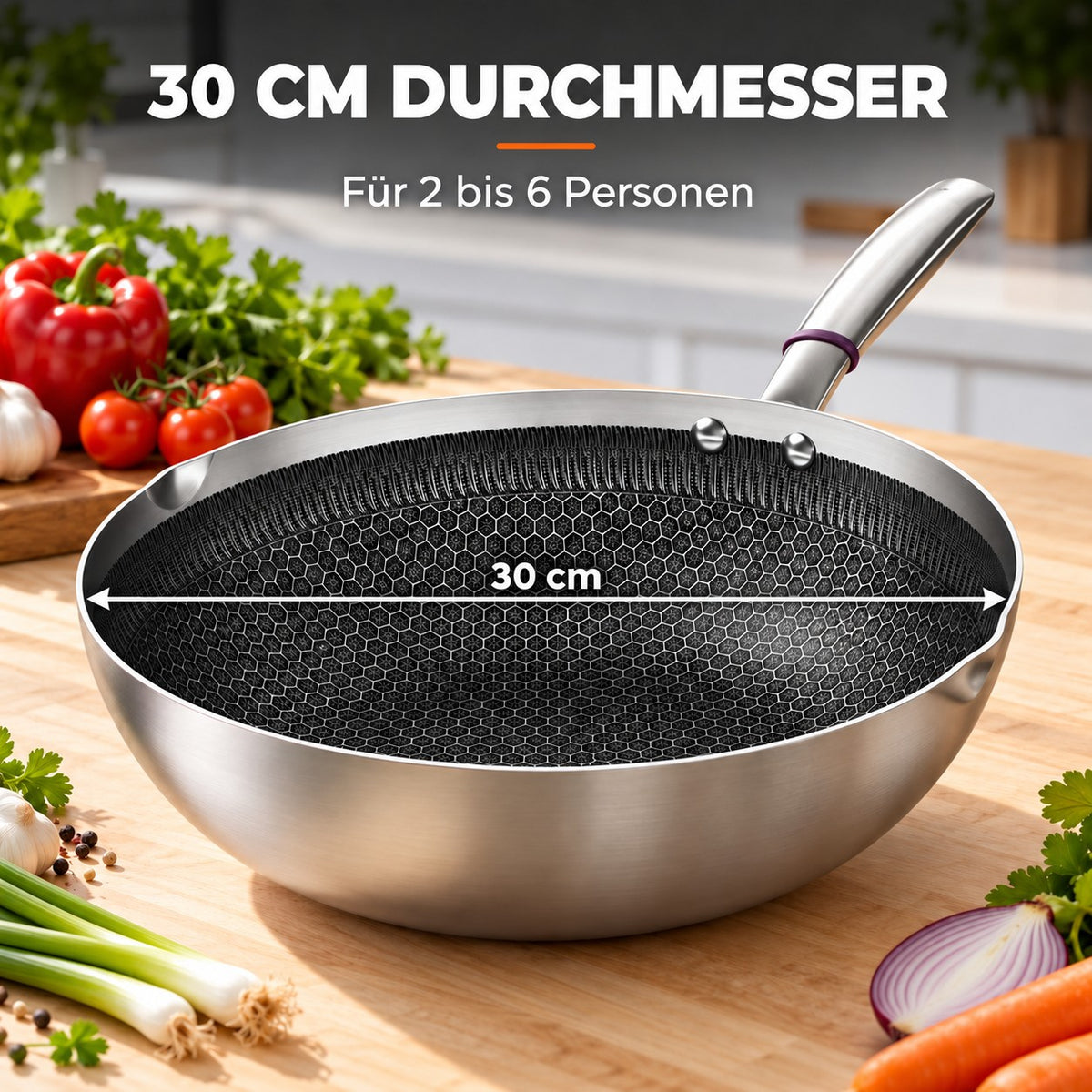 Le Iwate – Antihaft Edelstahl-Wok 30 Cm, 30 CM DURCHMESSER: Für 2 bis 6 Personen