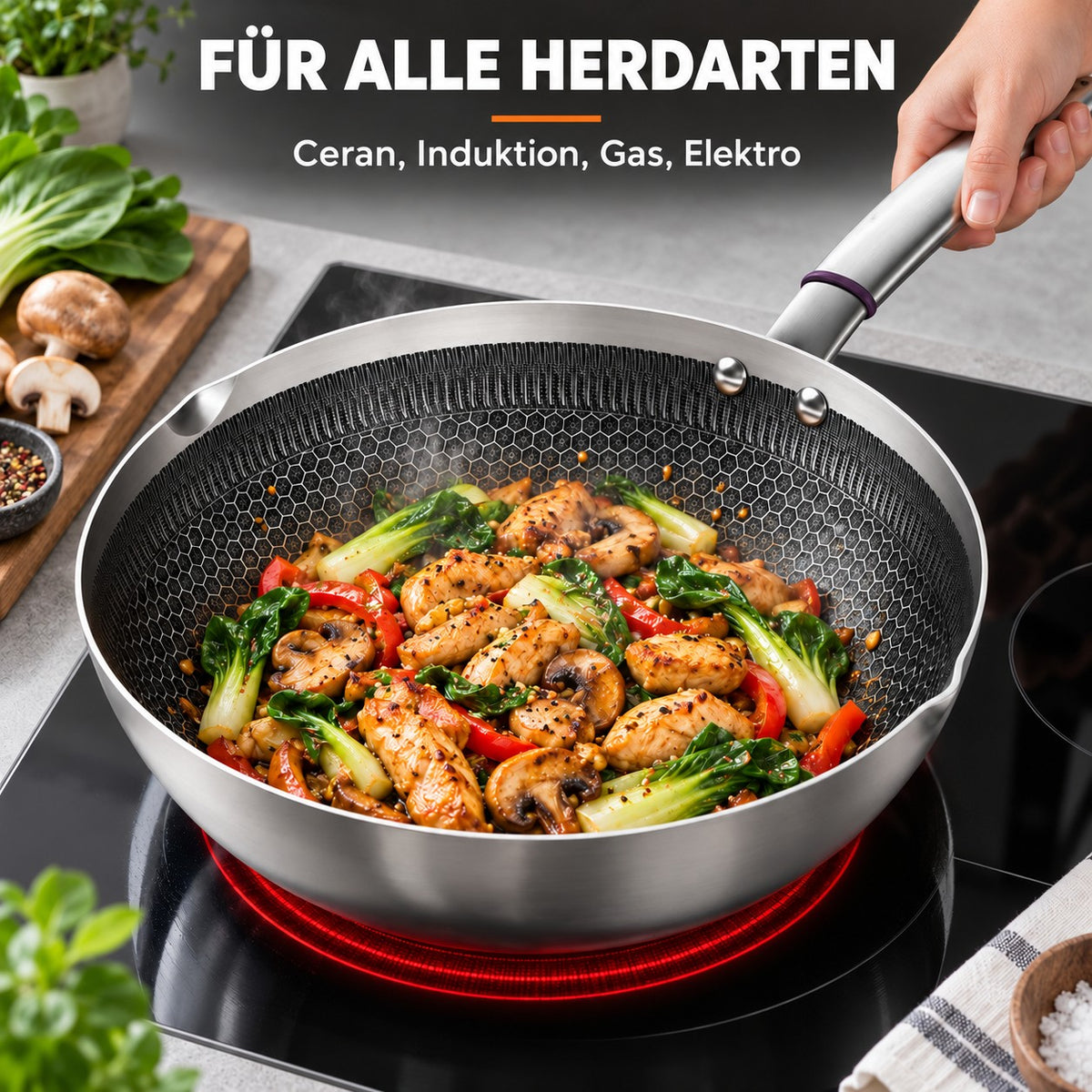 Le Iwate – Antihaft Edelstahl-Wok 30 Cm, FÜR ALLE HERDARTEN: Ceran, Induktion, Gas, Elektro