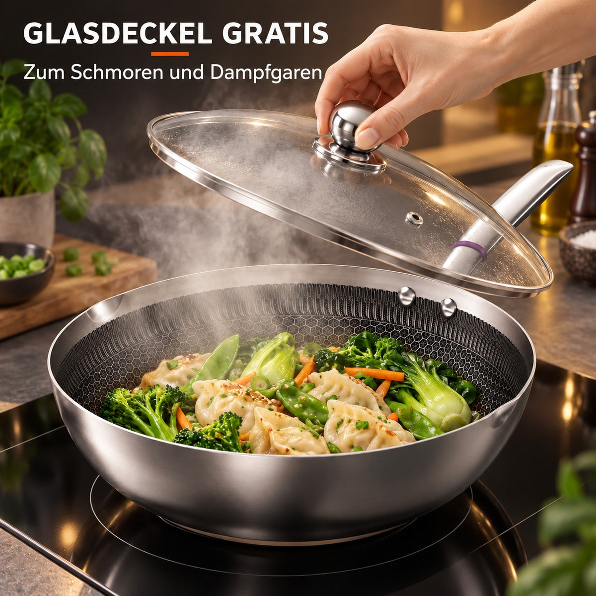 Le Iwate – Antihaft Edelstahl-Wok 30 Cm, GLASDECKEL GRATIS: Zum Schmoren und Dampfgaren