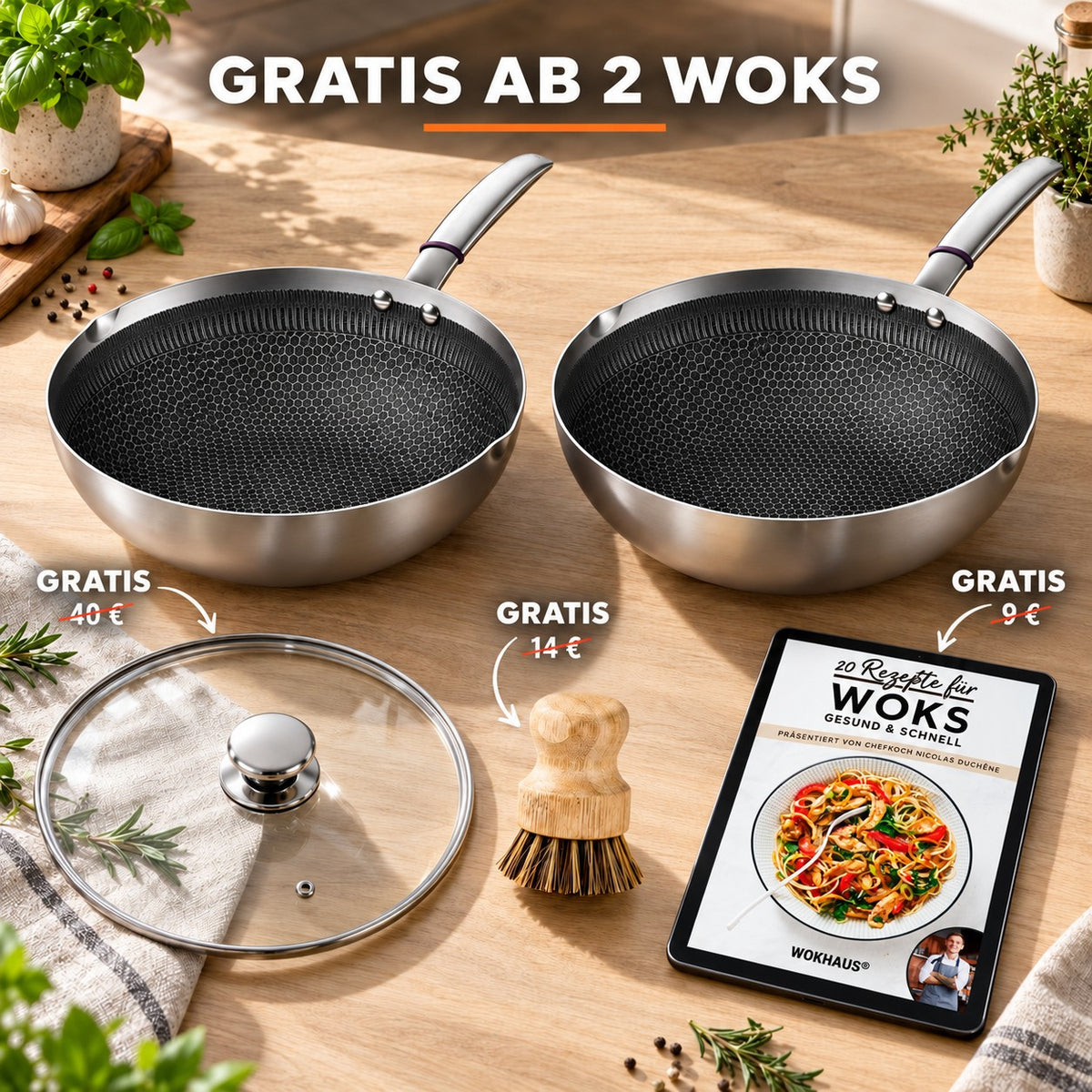 Le Iwate – Antihaft Edelstahl-Wok 30 Cm, GRATIS AB 2 WOKS: Glasdeckel (40 €), Bambusbürste (14 €), Rezeptbuch (9 €)
