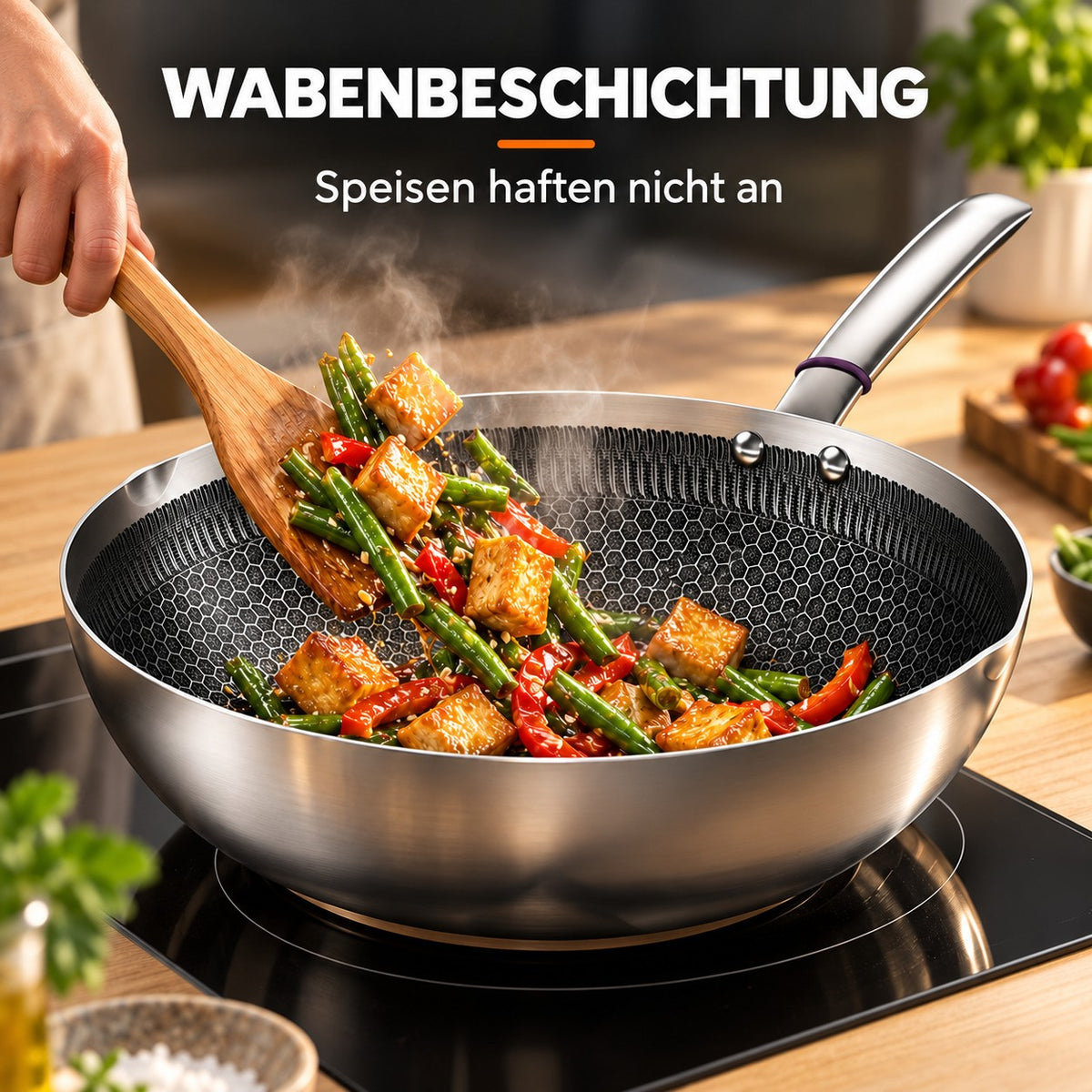 Le Iwate – Antihaft Edelstahl-Wok 30 Cm, WABENBESCHICHTUNG: Speisen haften nicht an