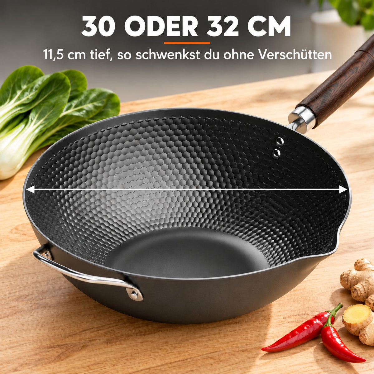 Le Sayumi – Antihaft-Wok ohne PFOA, 30 ODER 32 CM: 11,5 cm tief, so schwenkst du ohne Verschütten