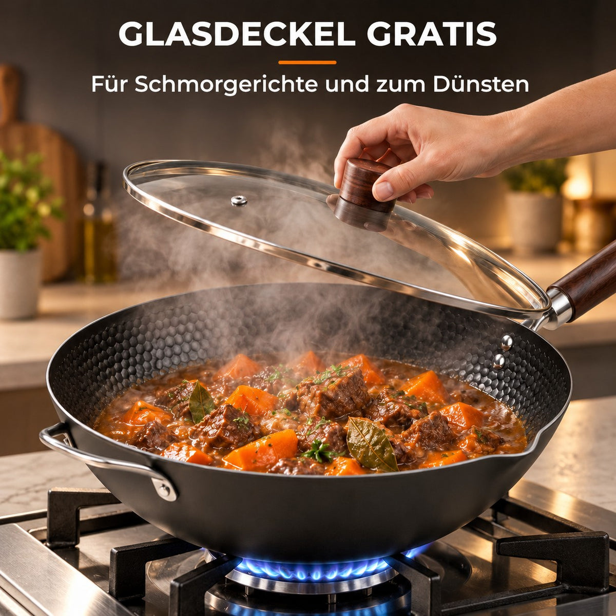 Le Sayumi – Antihaft-Wok ohne PFOA, GLASDECKEL GRATIS: Für Schmorgerichte und zum Dünsten