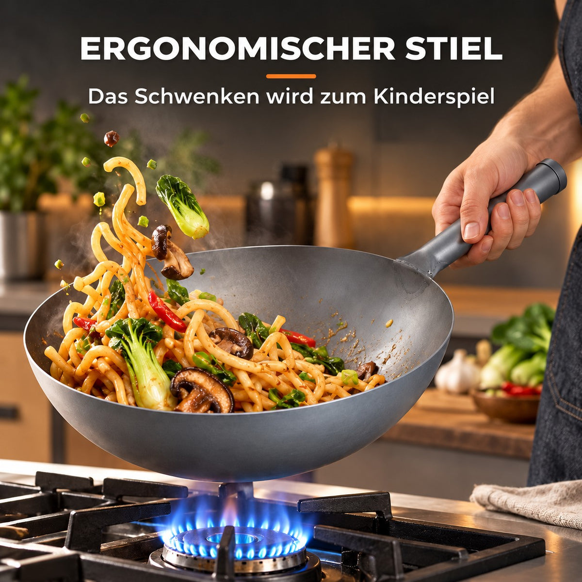 Le Memuro – Chinesischer Titan-Wok 32 Cm, ERGONOMISCHER STIEL: Das Schwenken wird zum Kinderspiel