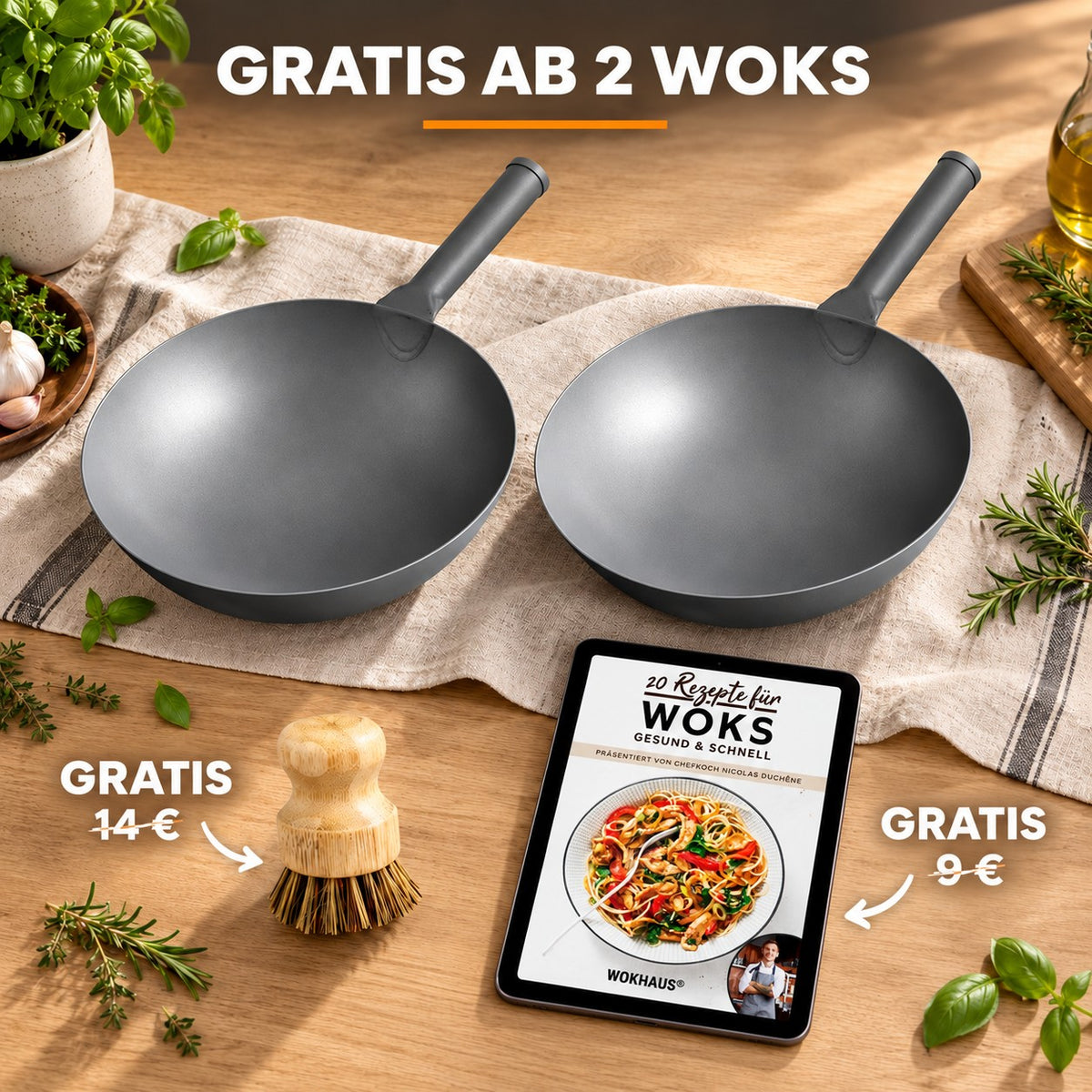 Le Memuro – Chinesischer Titan-Wok 32 Cm, GRATIS AB 2 WOKS: Bambusbürste (14 €), Rezeptbuch (9 €)