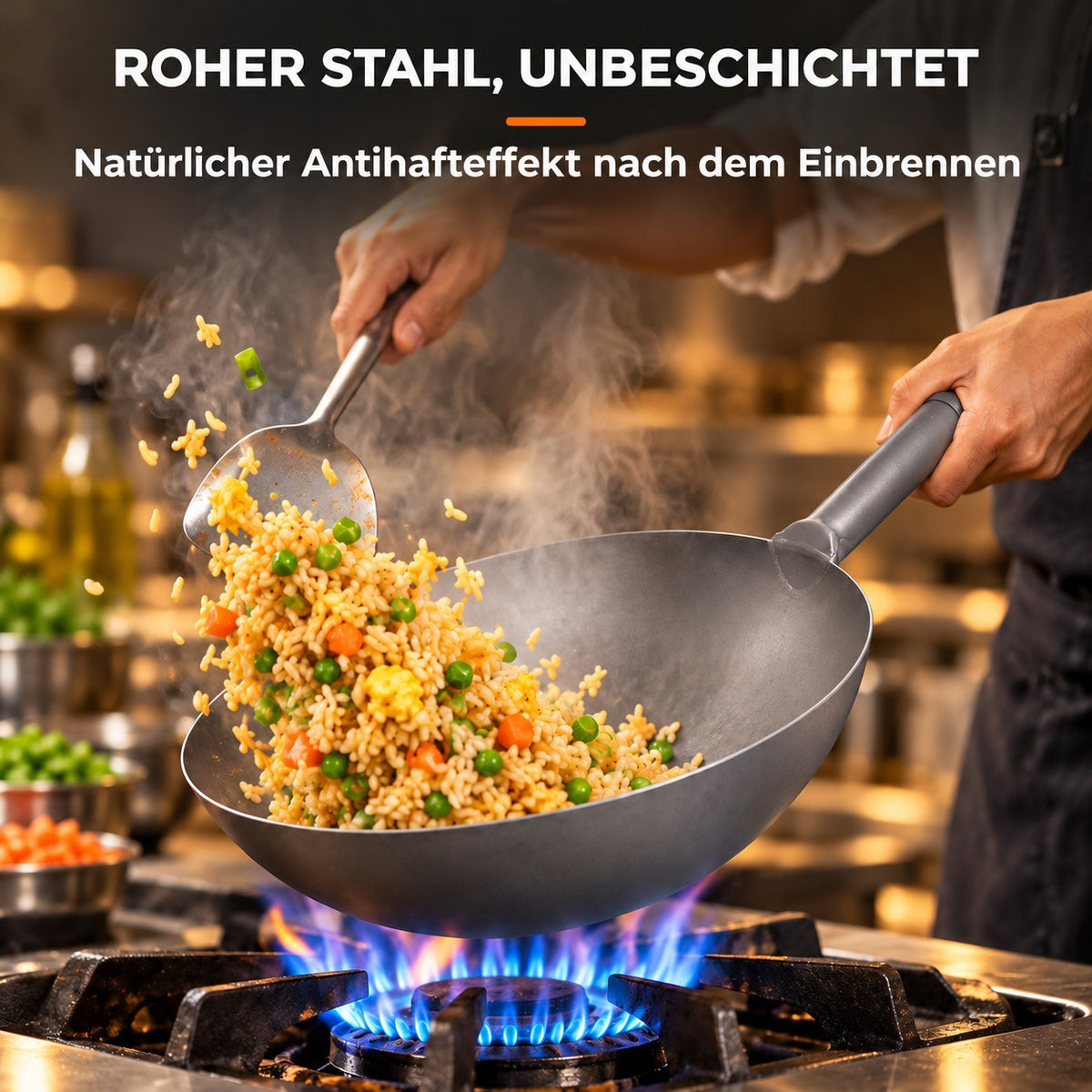 Le Memuro – Chinesischer Titan-Wok 32 Cm, ROHER STAHL, UNBESCHICHTET: Natürlicher Antihafteffekt nach dem Einbrennen