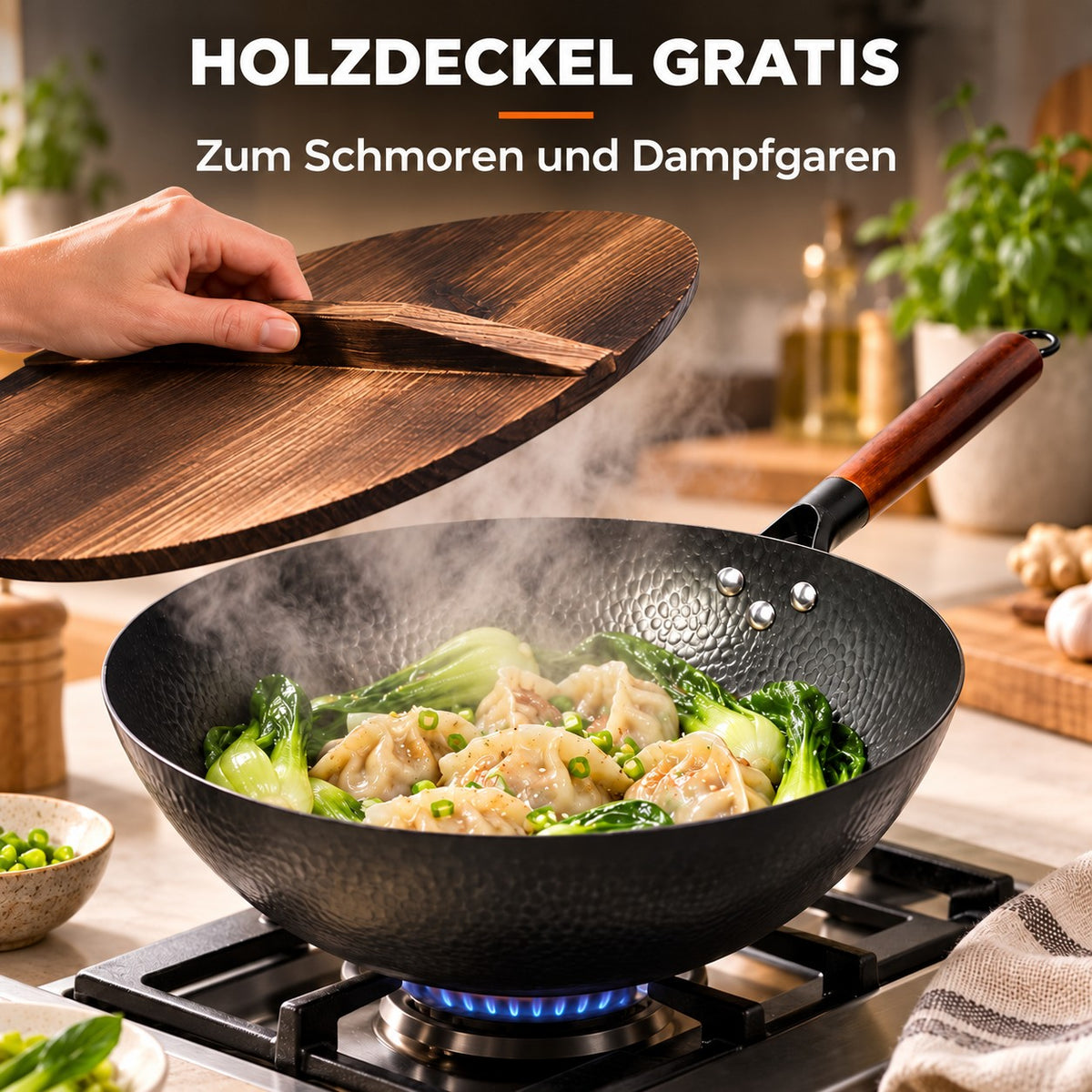 Le Bandai – Chinesischer Wok, HOLZDECKEL GRATIS: Zum Schmoren und Dampfgaren