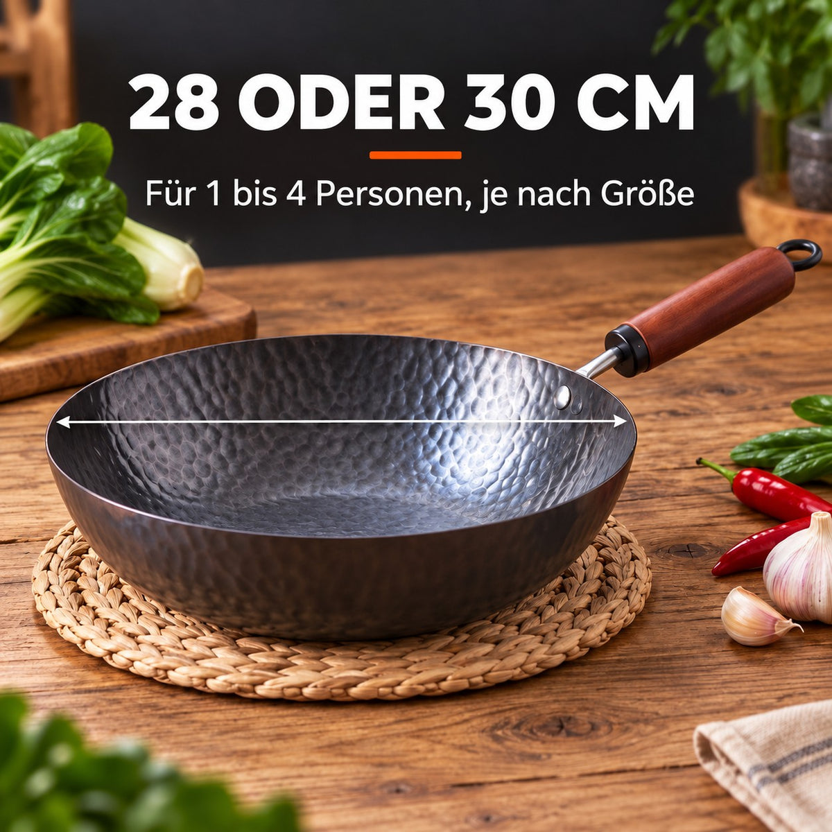 Der Pekaji – Wok Kohlenstoffstahl mit Holzgriff, 28 ODER 30 CM: Für 1 bis 4 Personen, je nach Größe