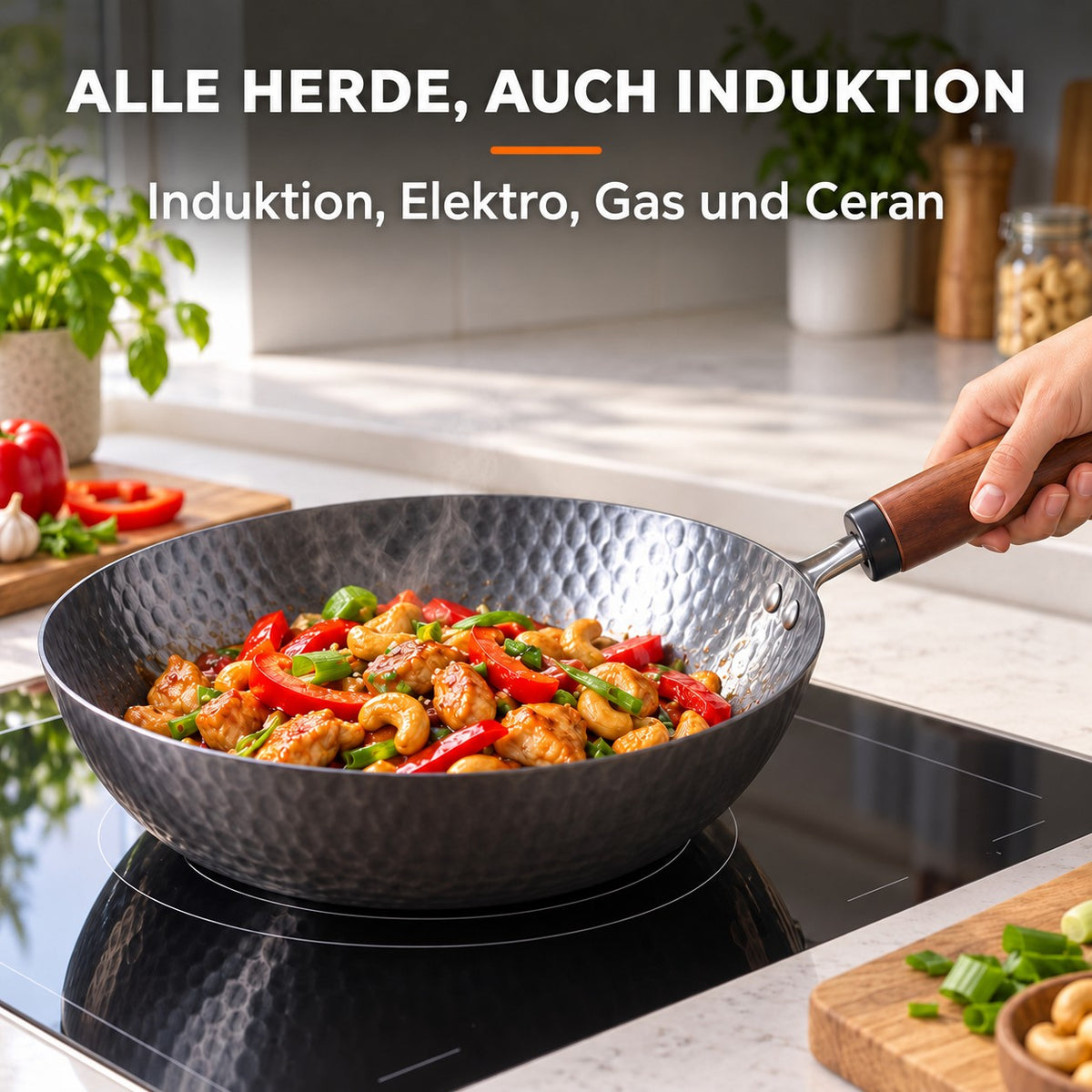 Der Pekaji – Wok Kohlenstoffstahl mit Holzgriff, ALLE HERDE, AUCH INDUKTION: Induktion, Elektro, Gas und Ceran
