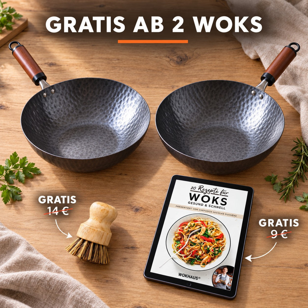 Der Pekaji – Wok Kohlenstoffstahl mit Holzgriff, GRATIS AB 2 WOKS: Bambusbürste (14 €), Rezeptbuch (9 €)