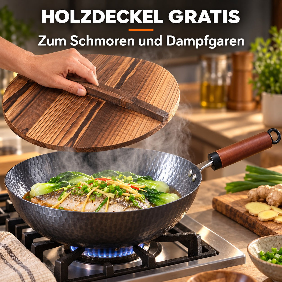 Der Pekaji – Wok Kohlenstoffstahl mit Holzgriff, HOLZDECKEL GRATIS: Zum Schmoren und Dampfgaren