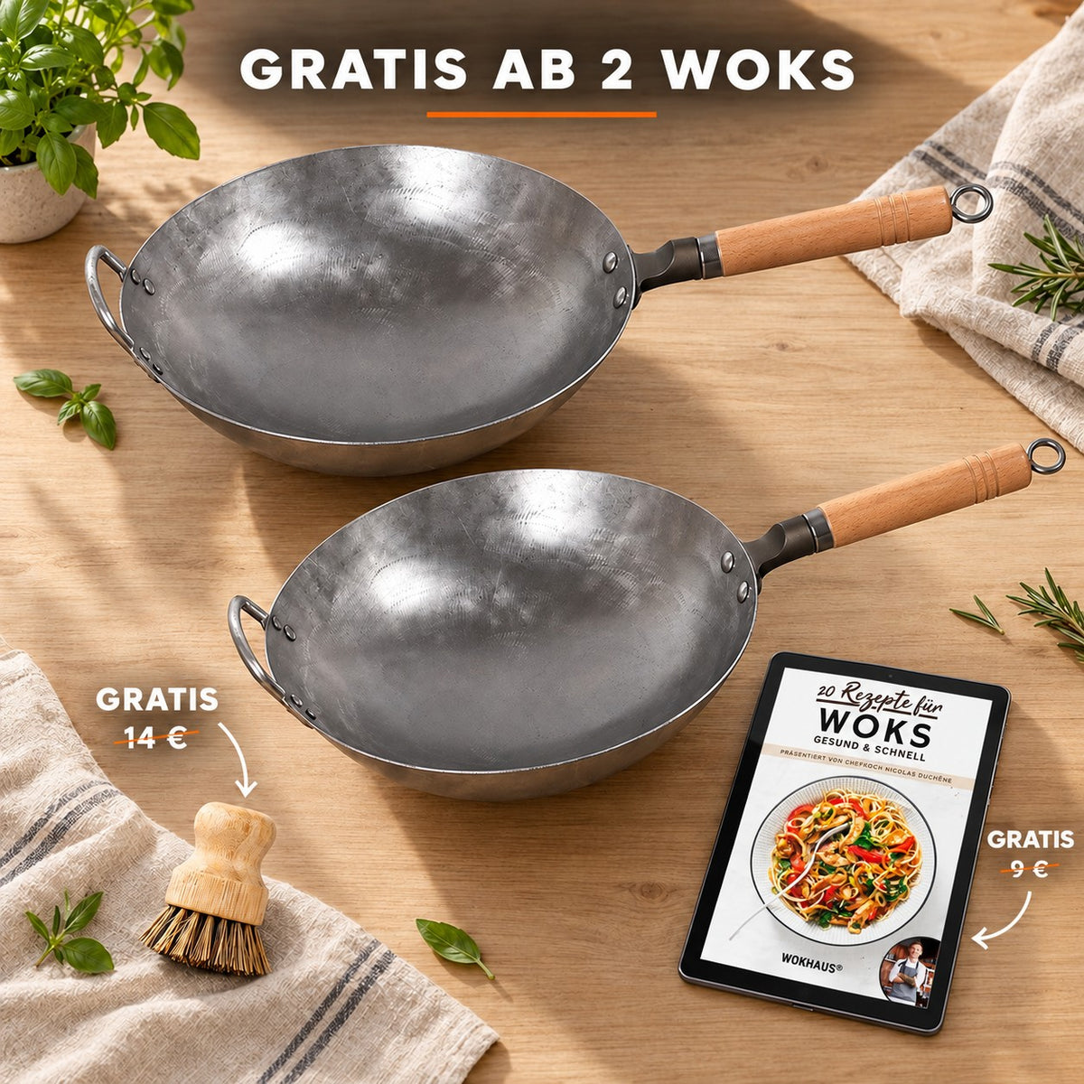 Le Gassan – Echter Chinesischer Wok, GRATIS AB 2 WOKS: Bambusbürste (14 €), Rezeptbuch (9 €)