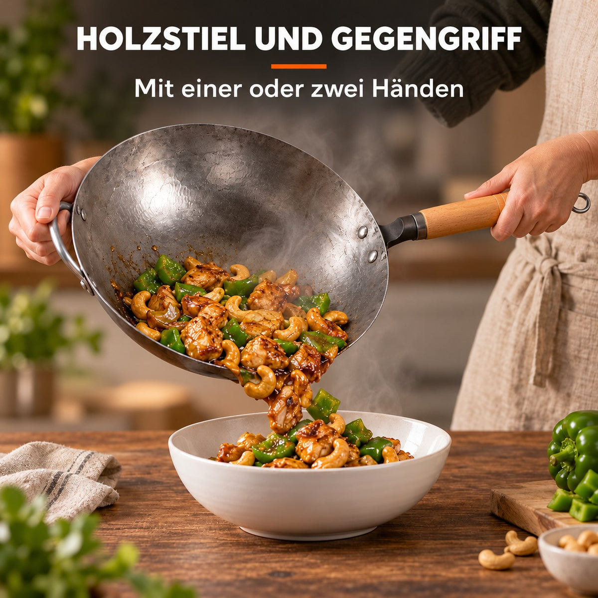 Le Gassan – Echter Chinesischer Wok, HOLZSTIEL UND GEGENGRIFF: Mit einer oder zwei Händen