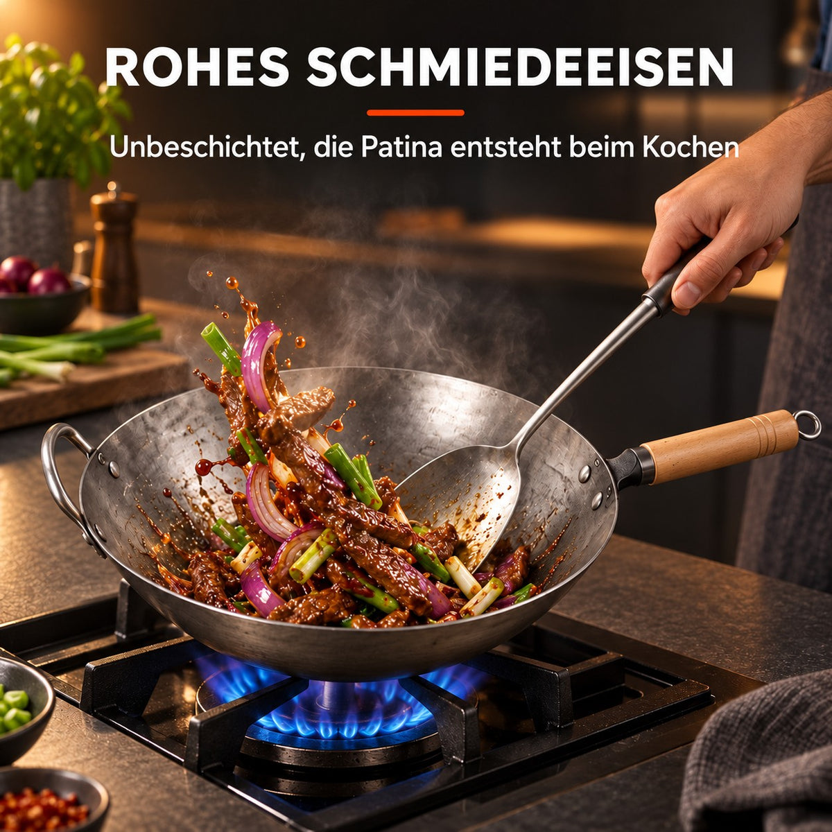 Le Gassan – Echter Chinesischer Wok, ROHES SCHMIEDEEISEN: Unbeschichtet, die Patina entsteht beim Kochen