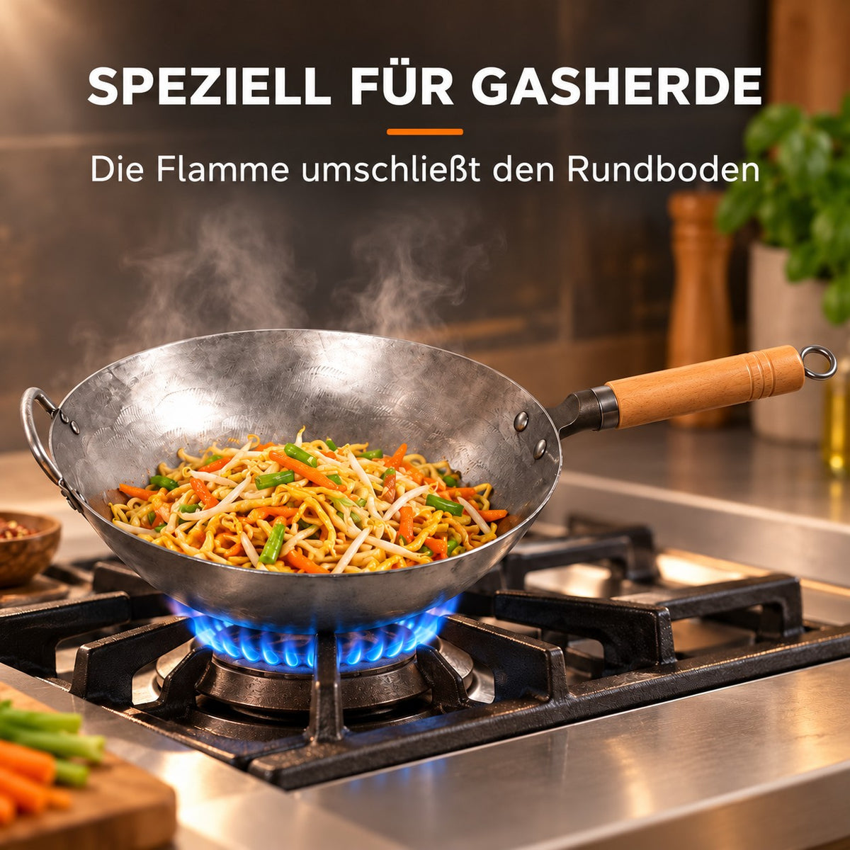 Le Gassan – Echter Chinesischer Wok, SPEZIELL FÜR GASHERDE: Die Flamme umschließt den Rundboden