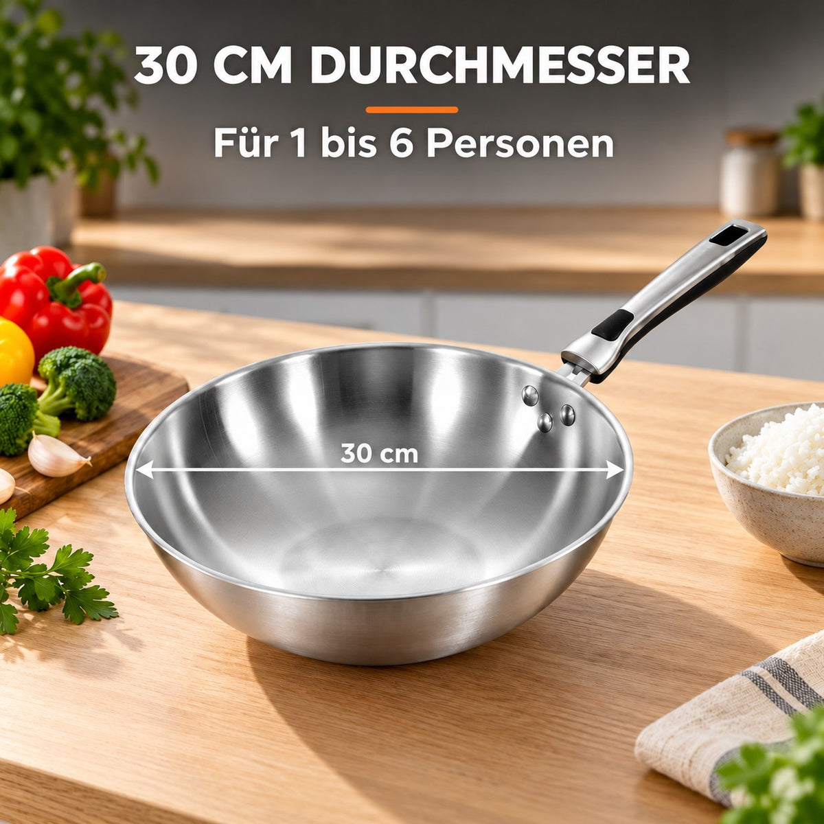 Le Shiomi – Edelstahl Wok 30 Cm, 30 CM DURCHMESSER: Für 1 bis 6 Personen