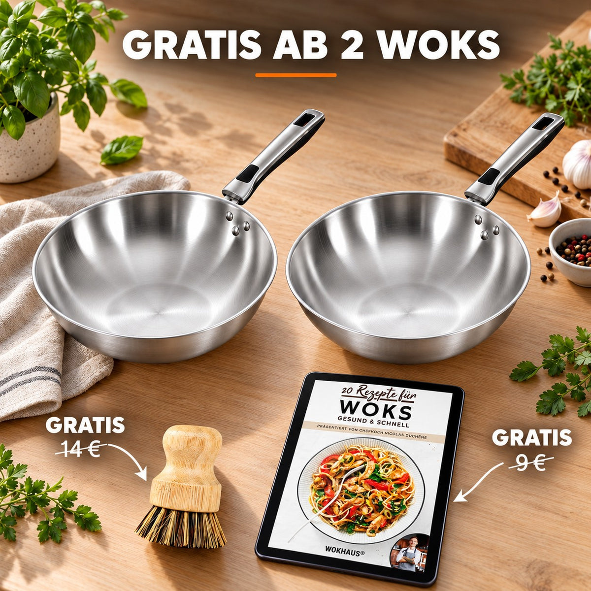 Le Shiomi – Edelstahl Wok 30 Cm, GRATIS AB 2 WOKS: Bambusbürste (14 €), Rezeptbuch (9 €)
