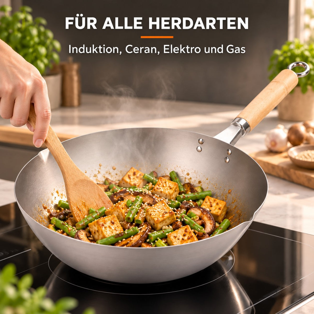 Le Meakan – Edelstahl-Wok für alle Herdarten, FÜR ALLE HERDARTEN: Induktion, Ceran, Elektro und Gas