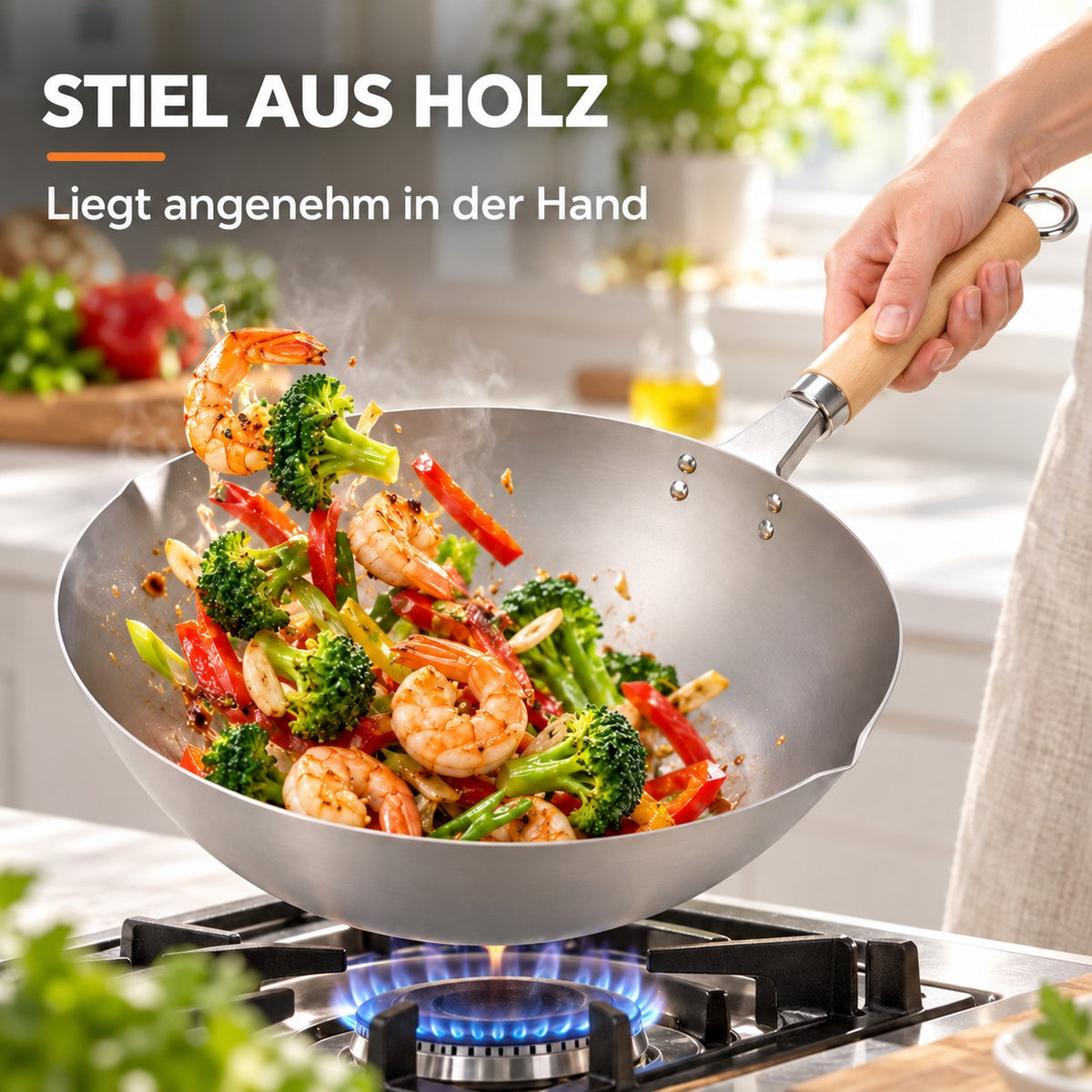 Le Meakan – Edelstahl-Wok für alle Herdarten, STIEL AUS HOLZ: Liegt angenehm in der Hand