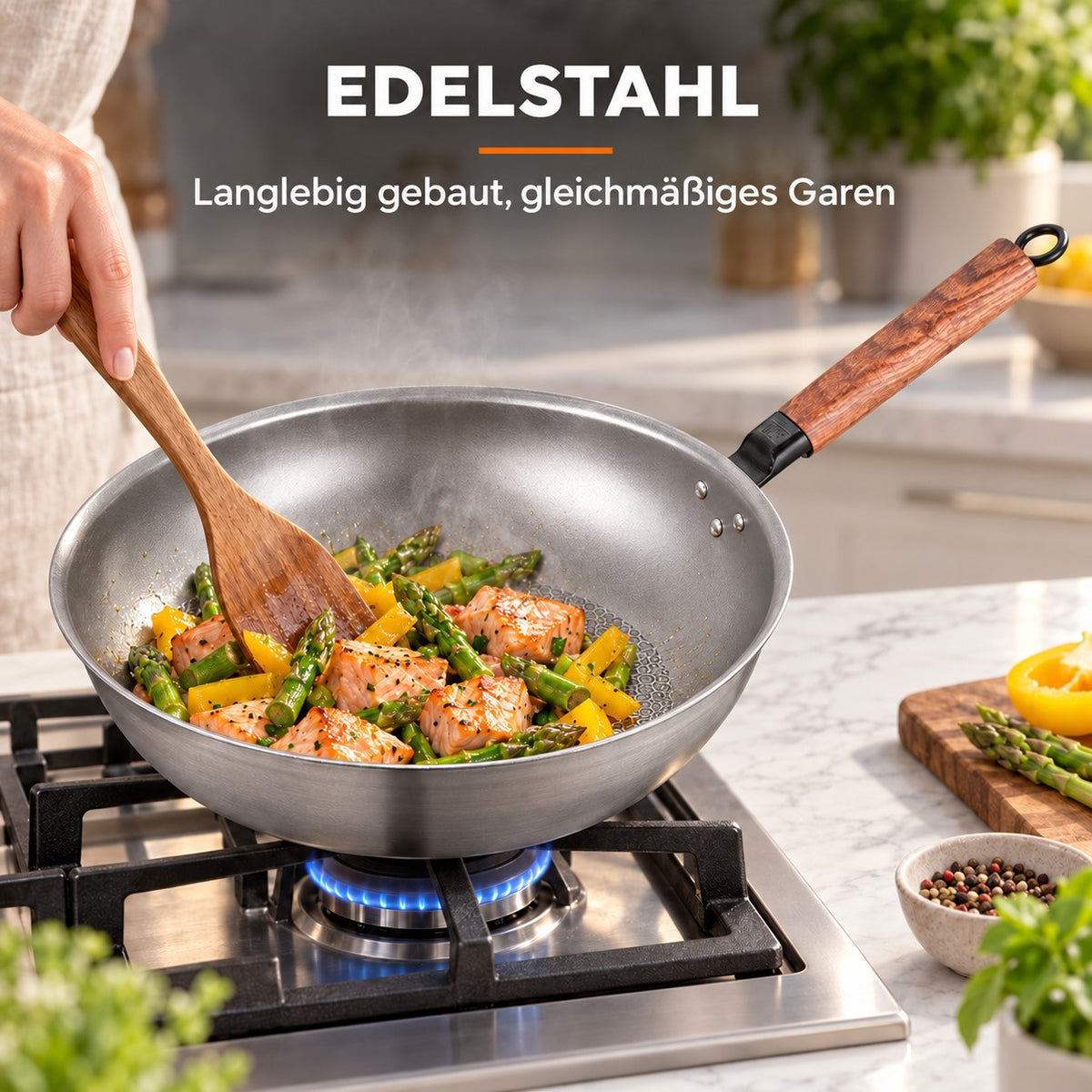 Le Homika – Edelstahl-Wok Pro, EDELSTAHL: Langlebig gebaut, gleichmäßiges Garen