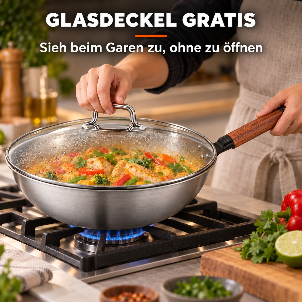 Le Homika – Edelstahl-Wok Pro, GLASDECKEL GRATIS: Sieh beim Garen zu, ohne zu öffnen