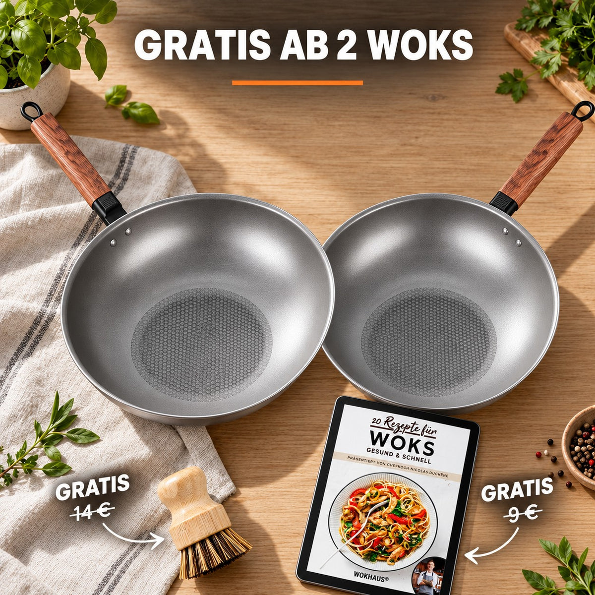 Le Homika – Edelstahl-Wok Pro, GRATIS AB 2 WOKS: Bambusbürste (14 €), Rezeptbuch (9 €)