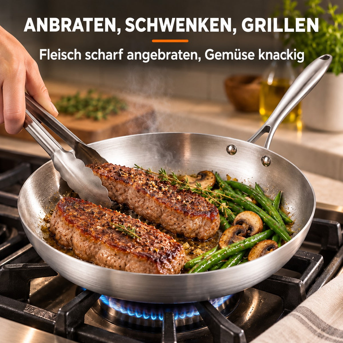 Le Rishiri – Edelstahl-Wok Ptfe-Frei, ANBRATEN, SCHWENKEN, GRILLEN: Fleisch scharf angebraten, Gemüse knackig