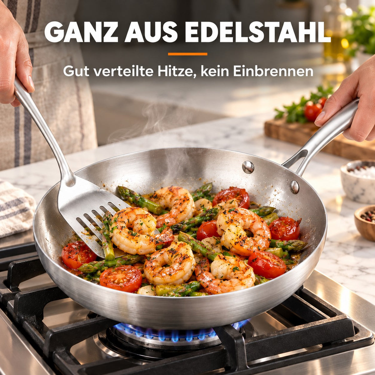 Le Rishiri – Edelstahl-Wok Ptfe-Frei, GANZ AUS EDELSTAHL: Gut verteilte Hitze, kein Einbrennen