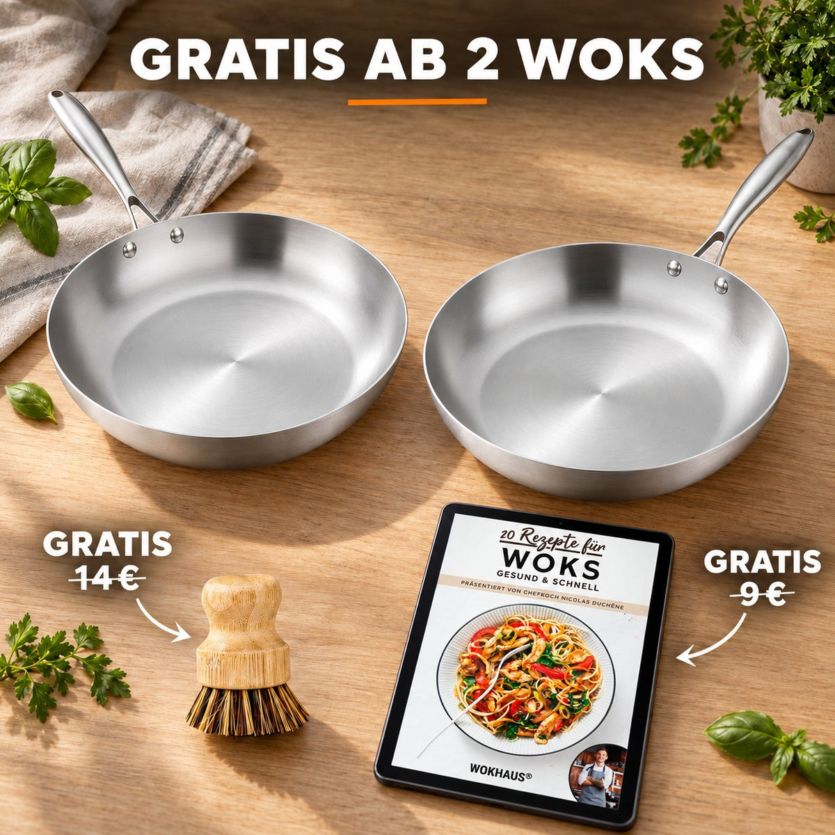 Le Rishiri – Edelstahl-Wok Ptfe-Frei, GRATIS AB 2 WOKS: Bambusbürste (14 €), Rezeptbuch (9 €)