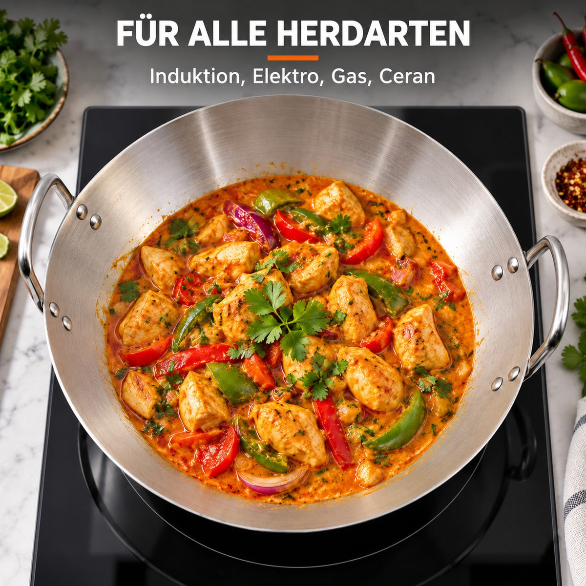 Le Yakushi – Edelstahl-Wok mit rundem Boden 38 cm, FÜR ALLE HERDARTEN: Induktion, Elektro, Gas, Ceran