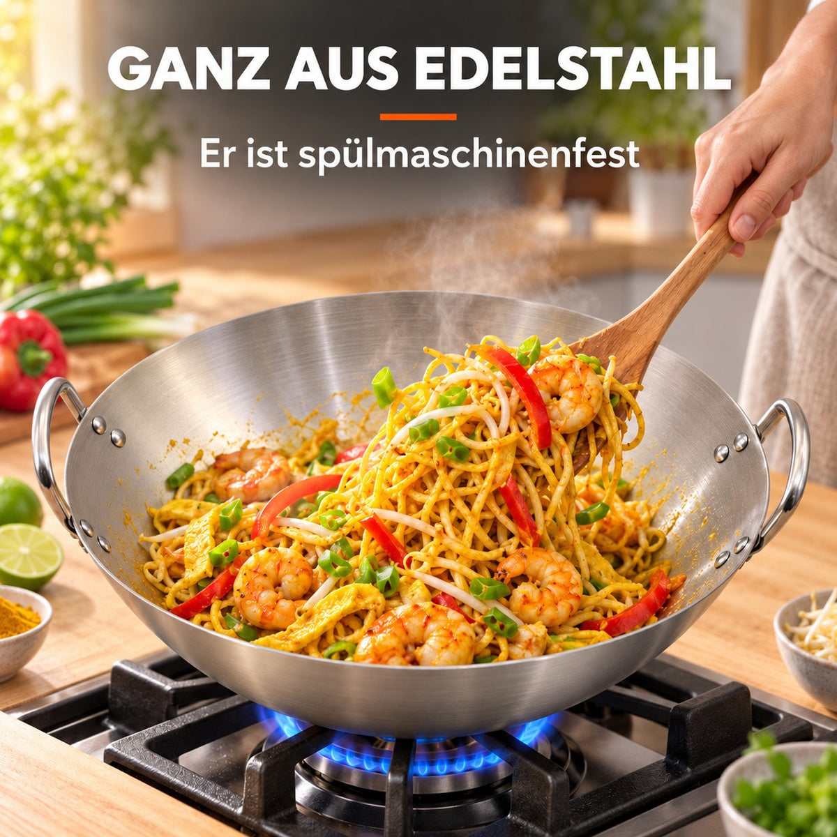 Le Yakushi – Edelstahl-Wok mit rundem Boden 38 cm, GANZ AUS EDELSTAHL: Er ist spülmaschinenfest
