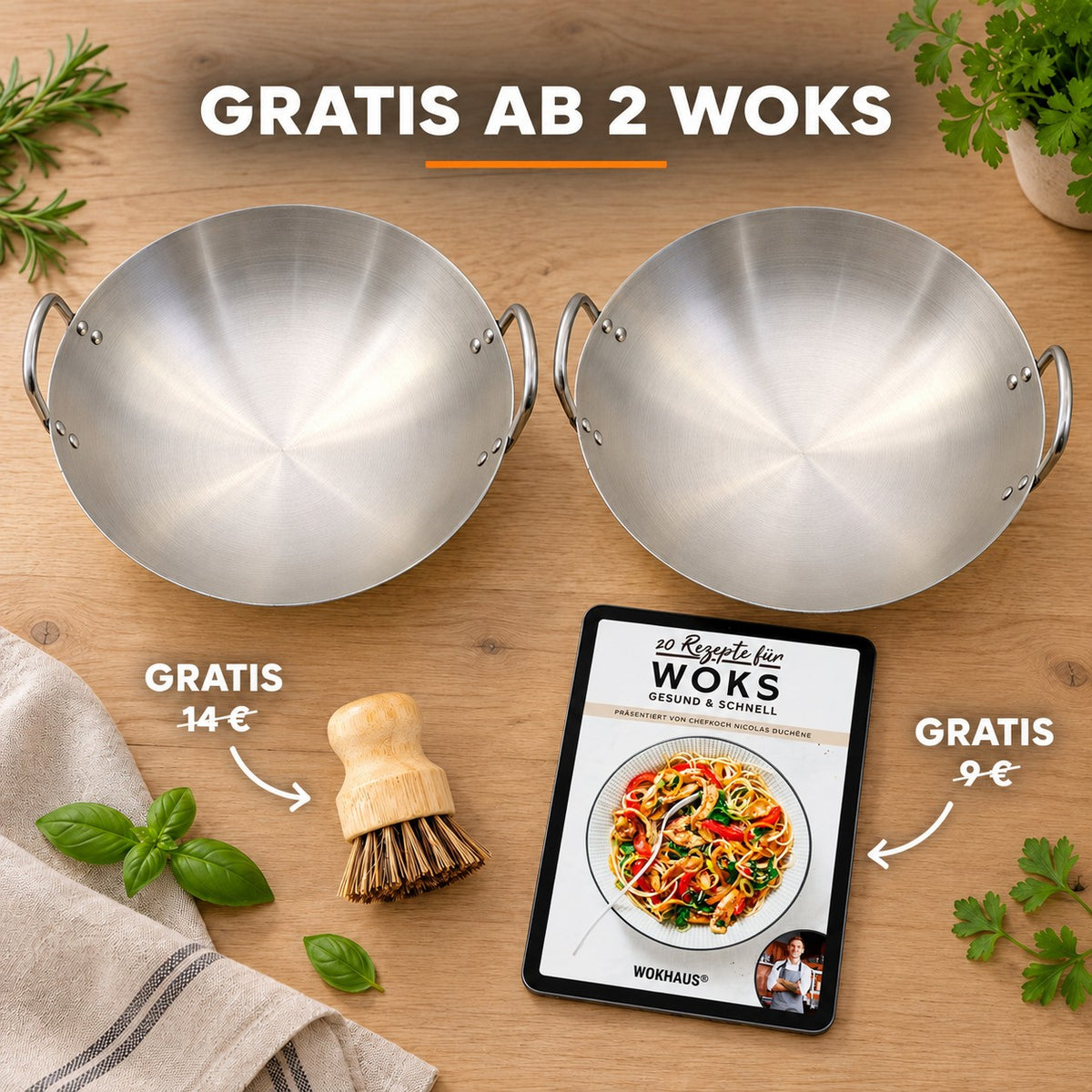 Le Yakushi – Edelstahl-Wok mit rundem Boden 38 cm, GRATIS AB 2 WOKS: Bambusbürste (14 €), Rezeptbuch (9 €)