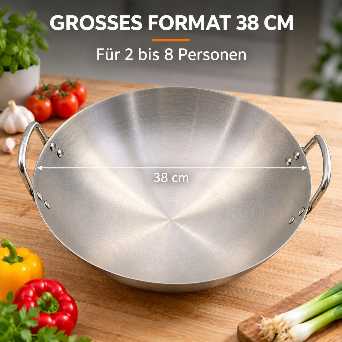 Le Yakushi – Edelstahl-Wok mit rundem Boden 38 cm, GROSSES FORMAT 38 CM: Für 2 bis 8 Personen