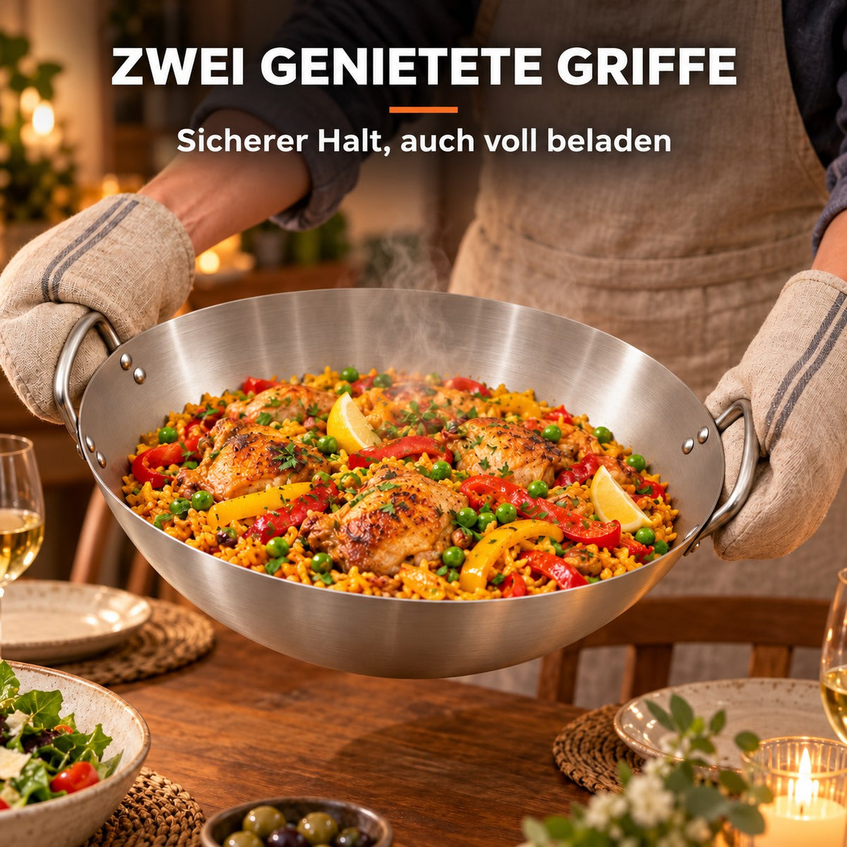 Le Yakushi – Edelstahl-Wok mit rundem Boden 38 cm, ZWEI GENIETETE GRIFFE: Sicherer Halt, auch voll beladen