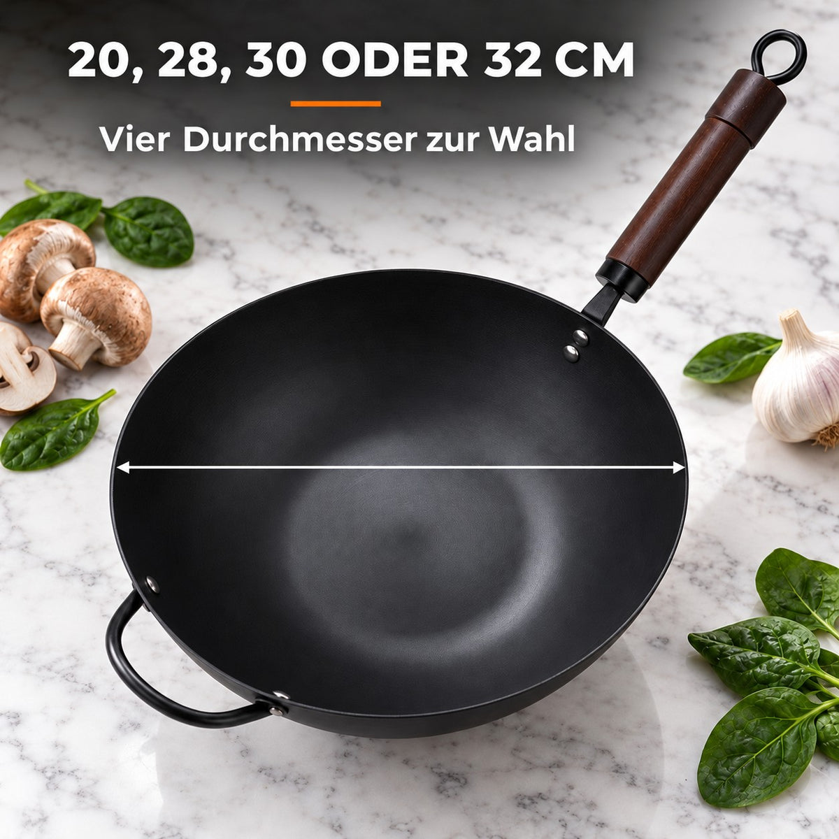 Le Ikari – Eisen Wok Flacher Boden, 20, 28, 30 ODER 32 CM: Vier Durchmesser zur Wahl