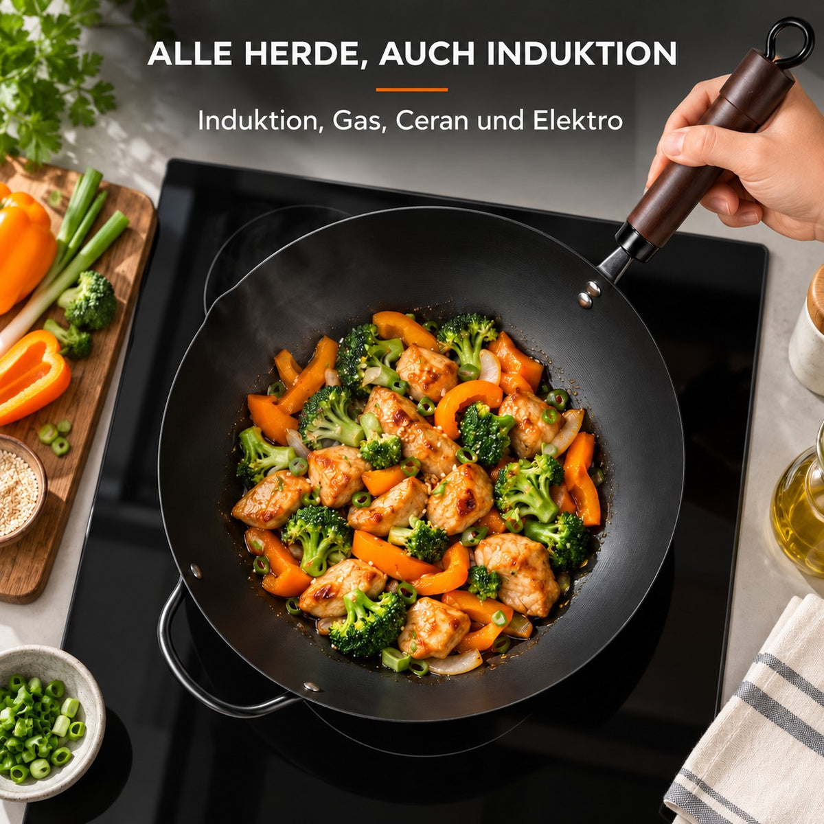 Le Ikari – Eisen Wok Flacher Boden, ALLE HERDE, AUCH INDUKTION: Induktion, Gas, Ceran und Elektro